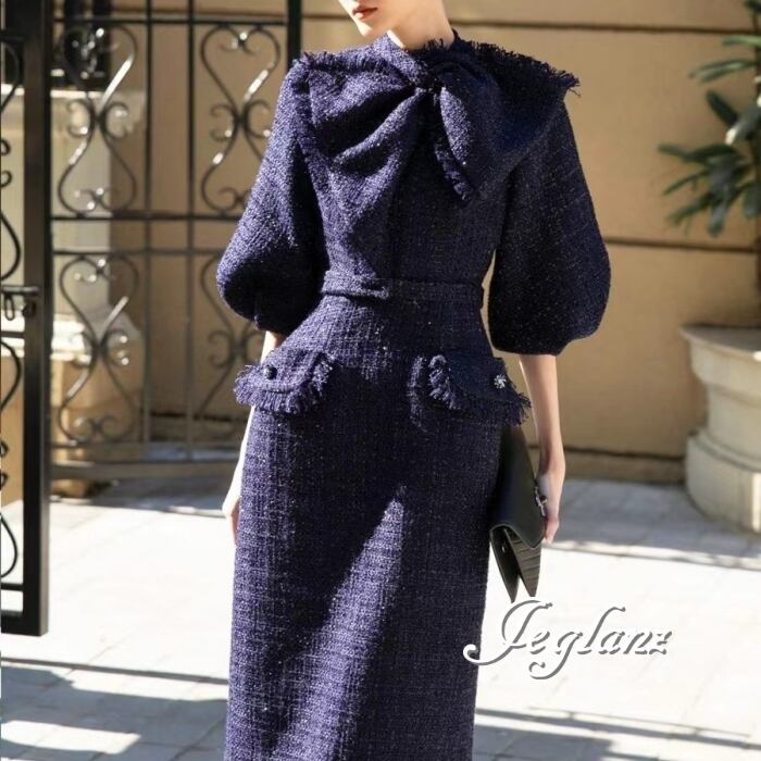 ツイード ニット ワンピース リボン フリンジ シャイニー 光沢感 (MB733)η