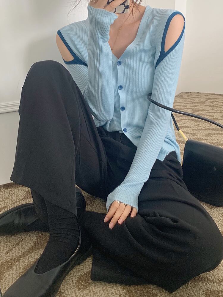 カラーセーター オータムソリッド トップス ロング 秋物 オフショルダー ソリッドカラー ビッグFスモールZ韓国7607713508