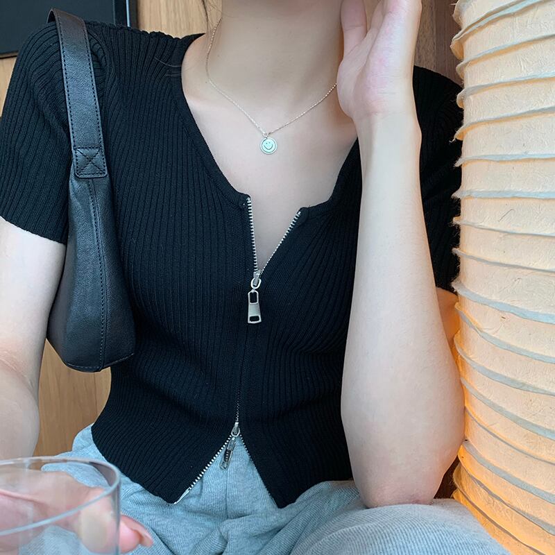 ダブルジッパーニットカーディガンサマースタイルスリムショート 夏物 ビッグFスモールZ韓国30123978565