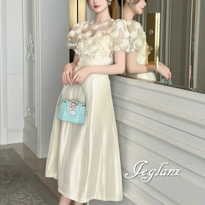 パーティ ドレス ワンピース 立体フラワー シアー Aライン(MA113)ε