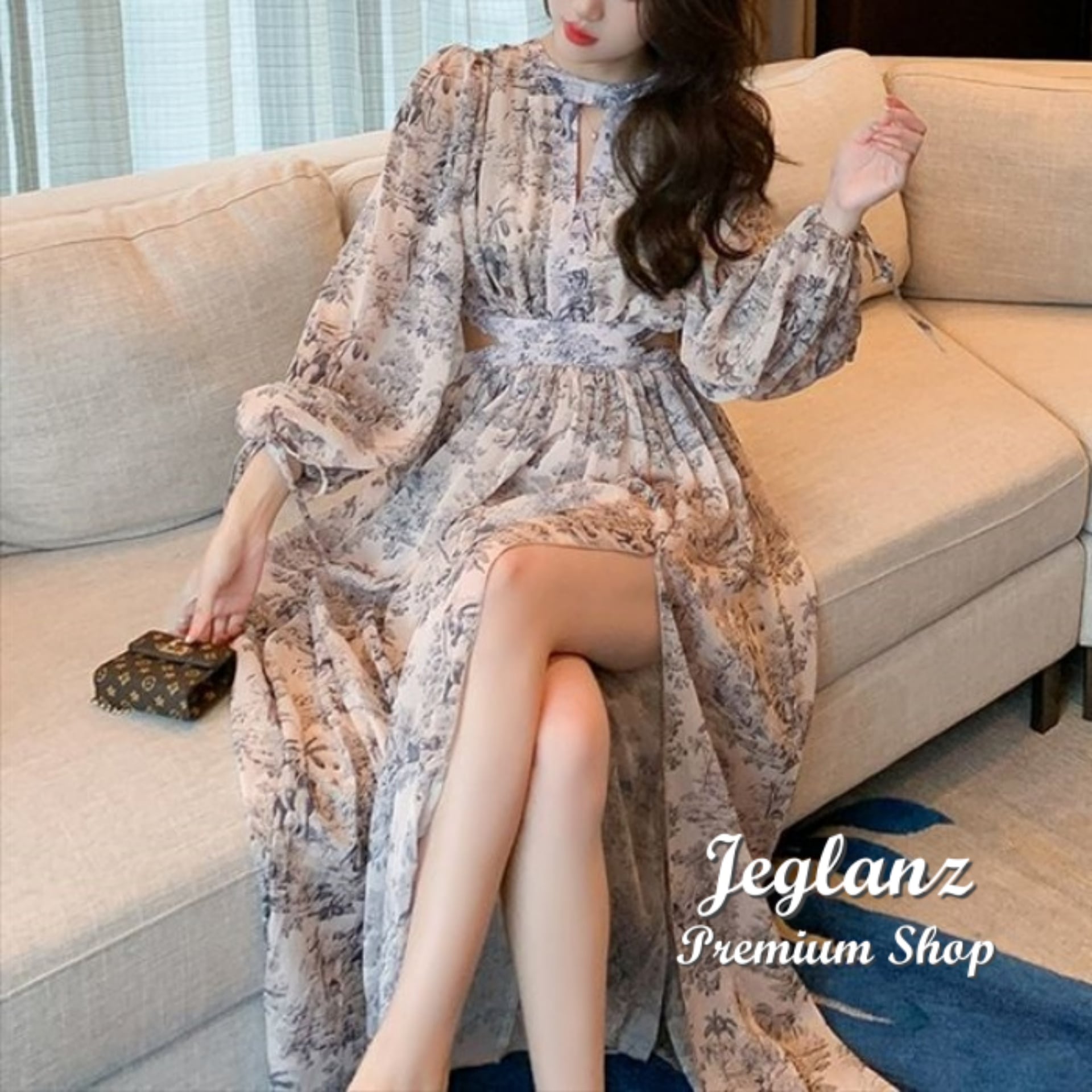 シフォン マキシ丈 ワンピース 総柄 カットアウト スリット入り ♪ (O1217)ζ