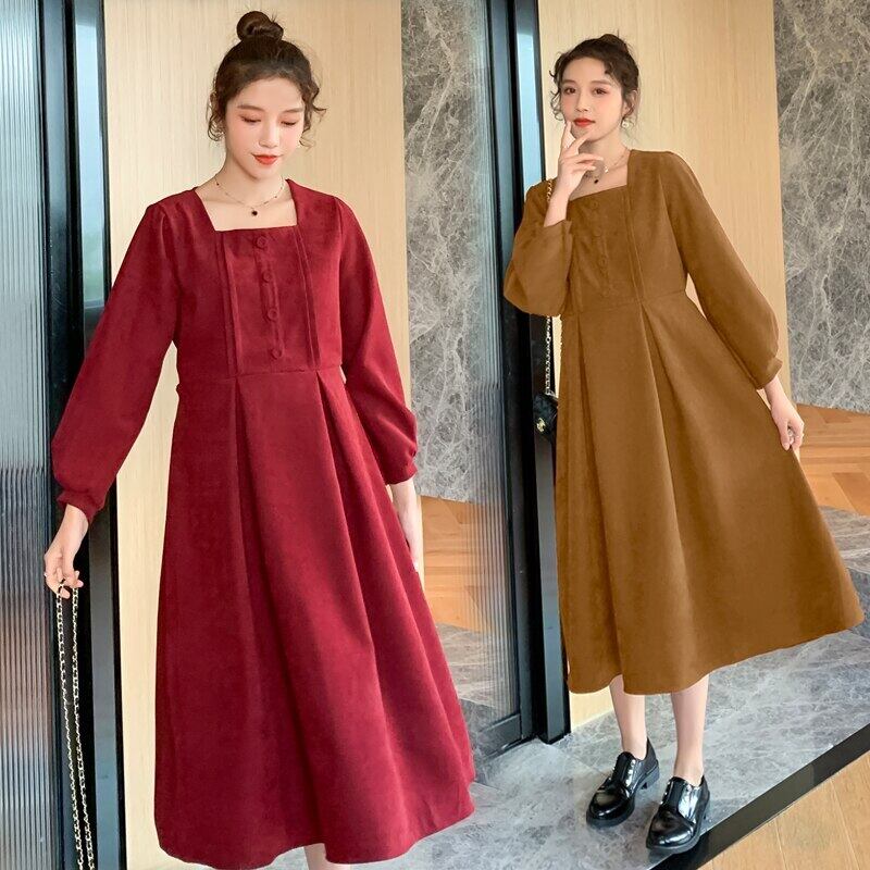 【新作】【送料無料】 1606＃秋のコーデュロイマタニティパーティーロングドレススリムウエストの服妊娠中の女性のゆるい妊娠 オータム 秋物 AL expec461993602034