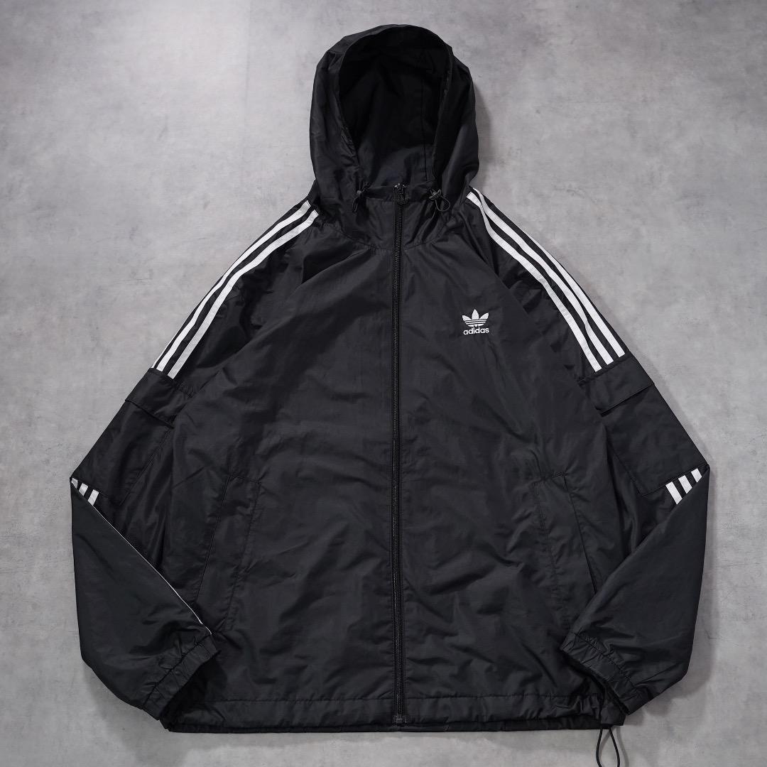 アディダス ナイロンジャケット パーカー 古着 ロゴ 刺繍 L 黒 17631