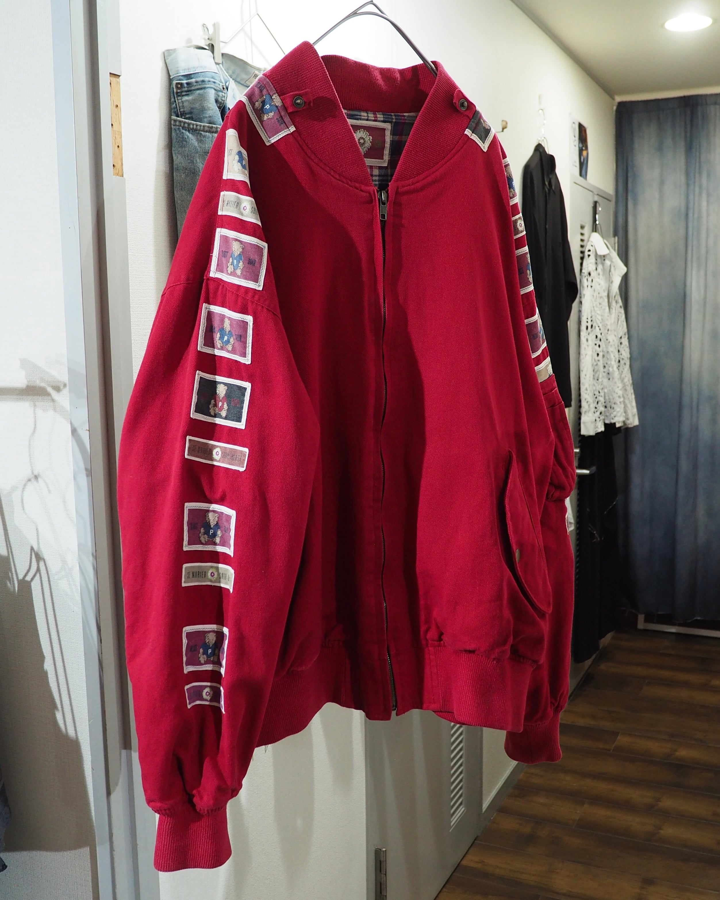 1980 - 90s Cute Teddy Bear × Flower Patchwork Embroidery Vintage Flight Jacket
