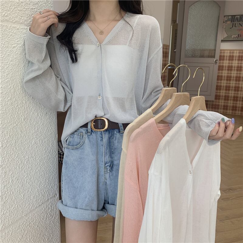 ルーズセーター サマー薄手スタイルVネックカーディガントップス ロング 夏物 シルク YY-ファッション74558674515