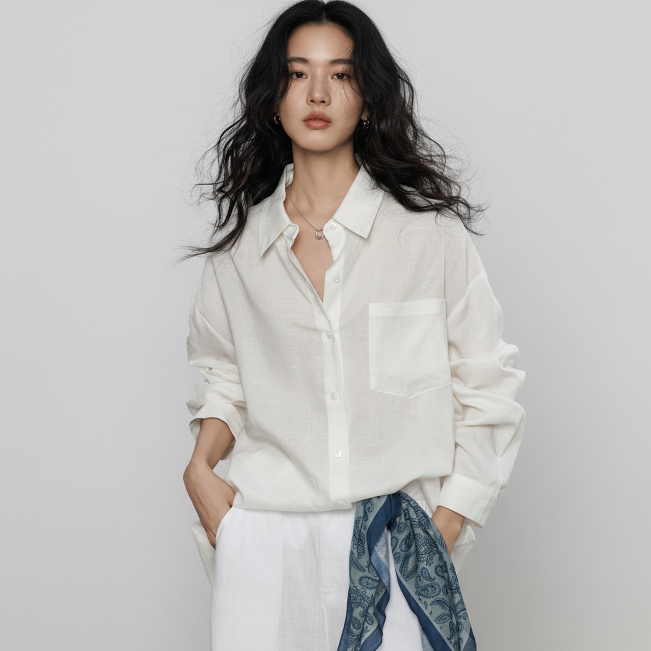 リネン風 ゆったり 長袖 シャツ   3colors  26064・画像4