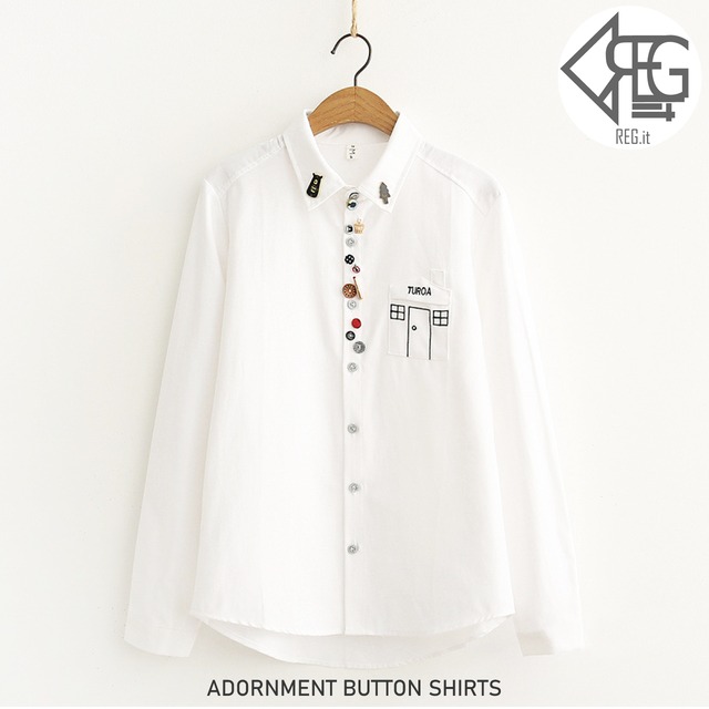 【REGIT】【即納】ADORNMENT BUTTON SHIRTS 韓国ファッション 森ガール おしゃれ シャツ 白シャツ かわいいシャツ ユニーク 個性的なファッション