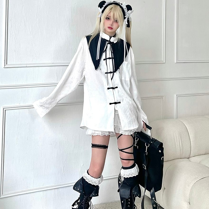 サブカル系参戦服|中華ゴシックの黒襟と結びボタン付き長袖半袖選べるビッグシャツ|天使と悪魔