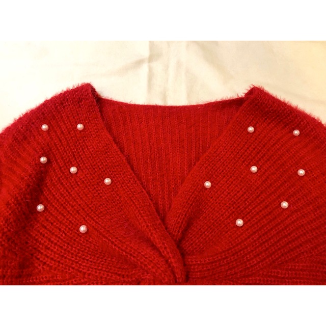 red rough gauge knit bolero pearl deco