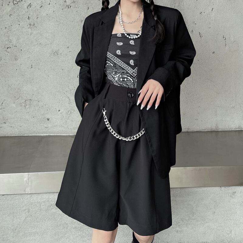 サブカル 服 地雷系 通販 ゴスロリ系 春服 ハーフパンツ ハイウエスト タック入り チェーン付き ワイドパンツ プチプラ V系 ゴシック ロリータ