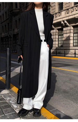 ストライプテーラードロングコート A0633