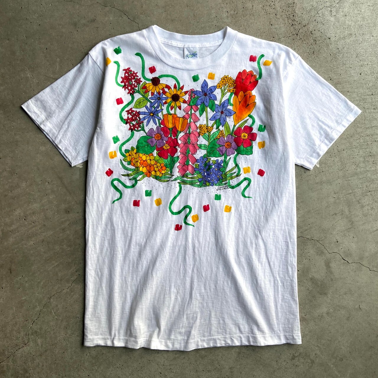ビンテージ 80s USA レーヨン 花柄 デザイン アート Tシャツ
