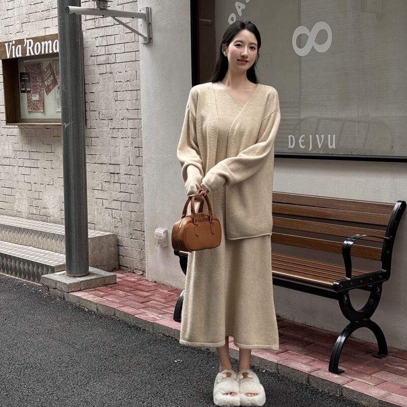 【set】ワンショルダーベスト×カーディガン×スカート3点セット Q6527