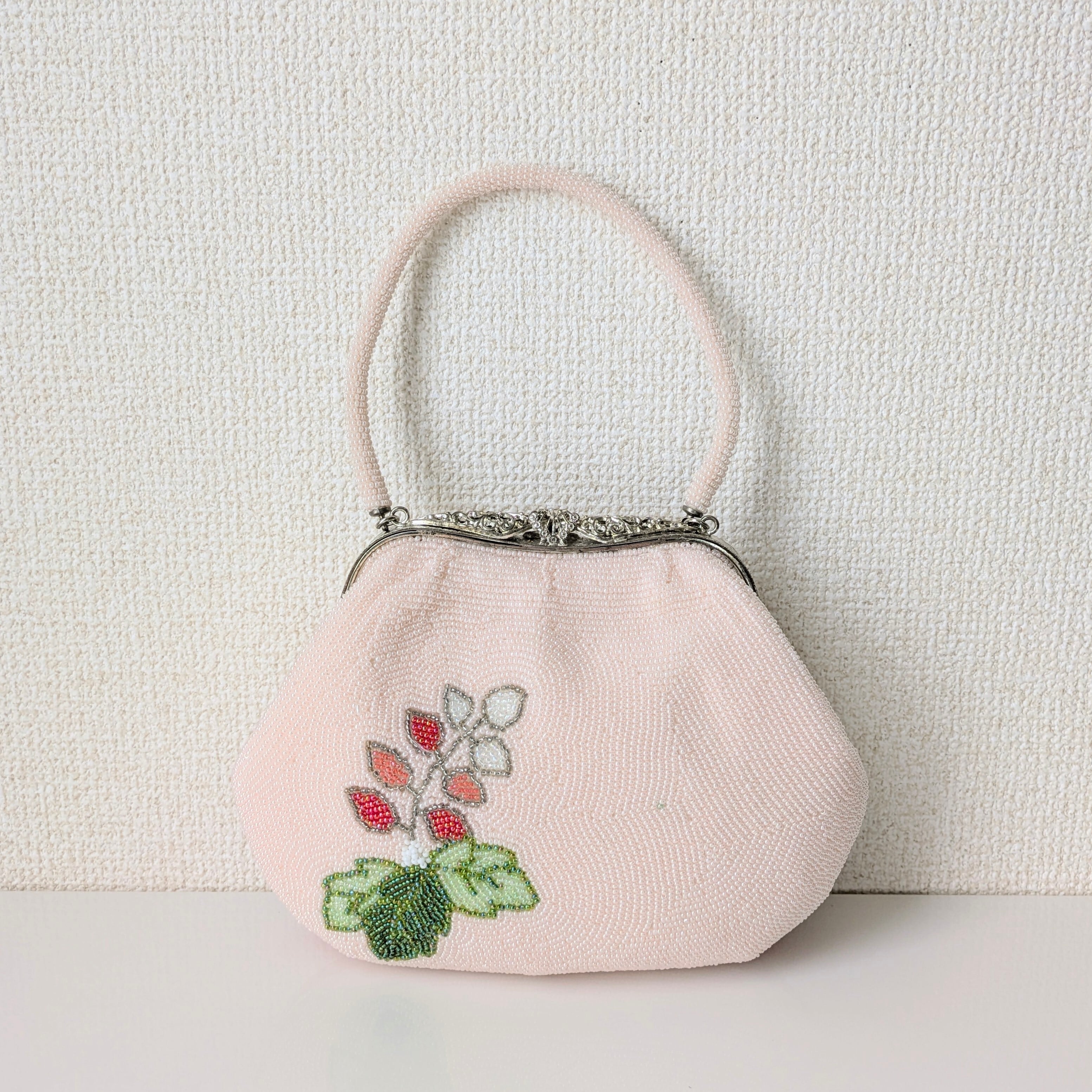 Vintage】ビーズ刺繍バッグ ピンク 藤の花模様 パーティーバッグ 昭和