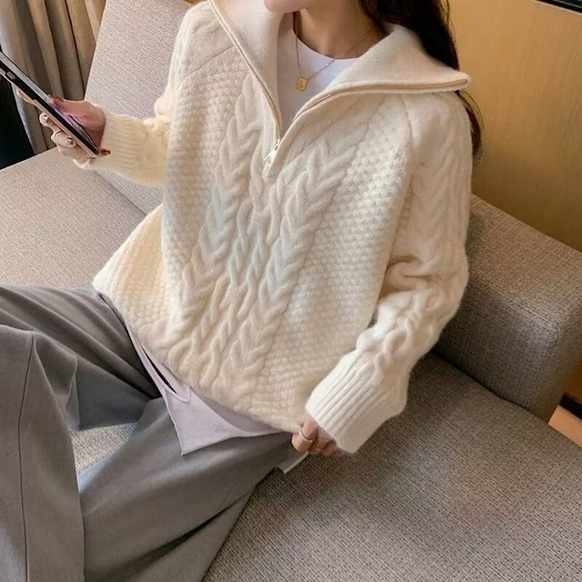 【ニット】 ニット レディース セーター おしゃれ ハーフジップ ケーブル編み きれいめ 長袖 トップス 春 秋 冬 20代 30代 40代 50代 ホワイト 白 グレー ライトブルー水色 カーキ S M L XL