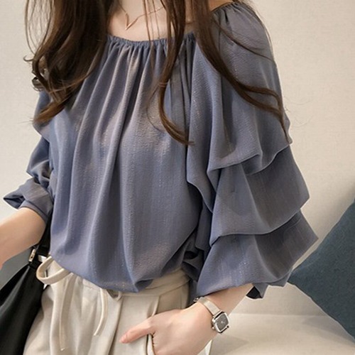 送料無料 春秋 春新作 レディースブラウス 長袖 大人可愛い カジュアル オフィスカジュアル 無地 ボリュームスリーブ 韓国ファッショントップス