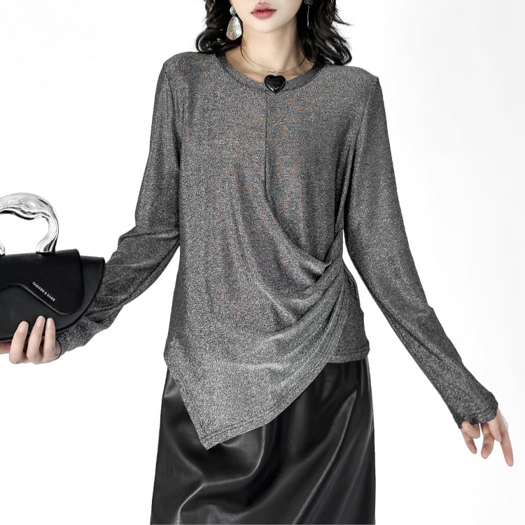 欧州風デザイン ラメシャイン長袖Tシャツ ◆2col R30002