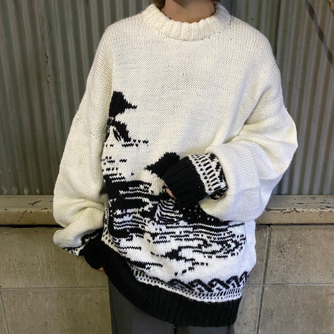 美品 familiar 秋冬用ノルディック柄・赤系ロンパース２枚セット50 ノルディック 鴨 カモ アニマル柄 アクリルニットセーター メンズXL相当 古着 レディース ホワイト×ブラック 白 黒  動物【ニットセーター】【AN20】 | PAY ID
