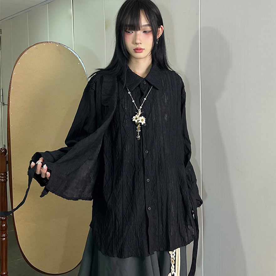 サブカル 服 地雷系 通販 ファッション 女子 長袖シャツ レースデザイン ヴィンテージ風 アリンメトリー チャイナ風 中華 レトロ 闇かわいい ストリート系