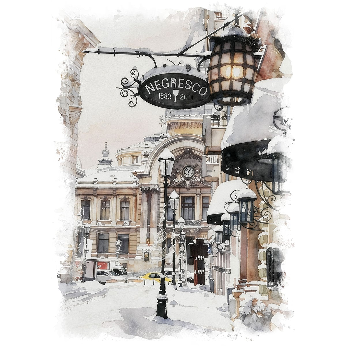 水彩画 ルーマニア  シビウ 路地裏 額付き 絵画 ルーマニア 風景画(街並み) 雪が積もる冬のブカレスト インテリア