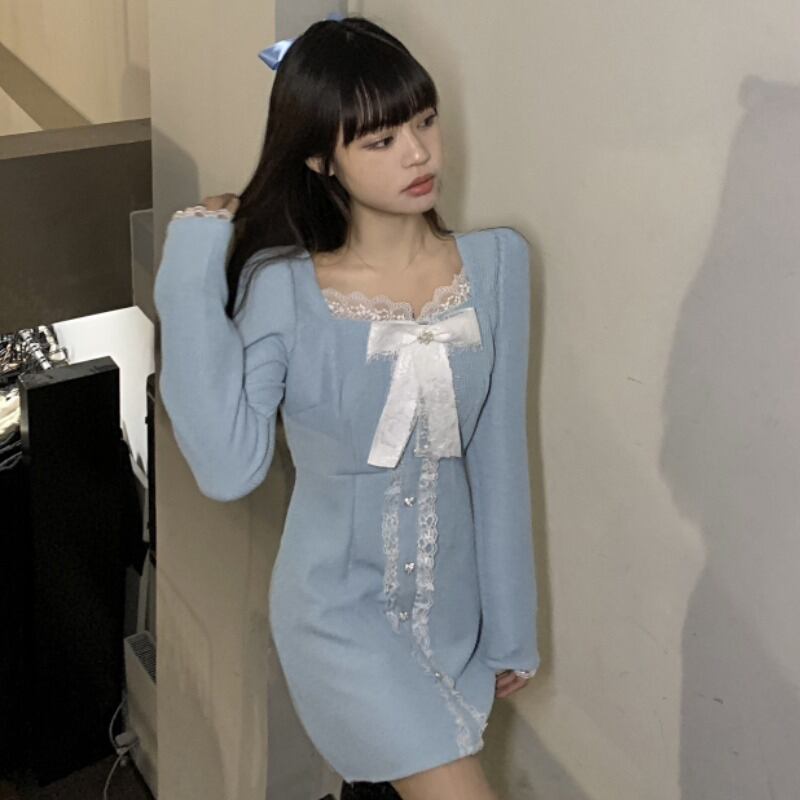 ニットドレス スプリングスタイルレースサイドカラースカート リボン 春物 スクウェア YY-ファッション63137804007