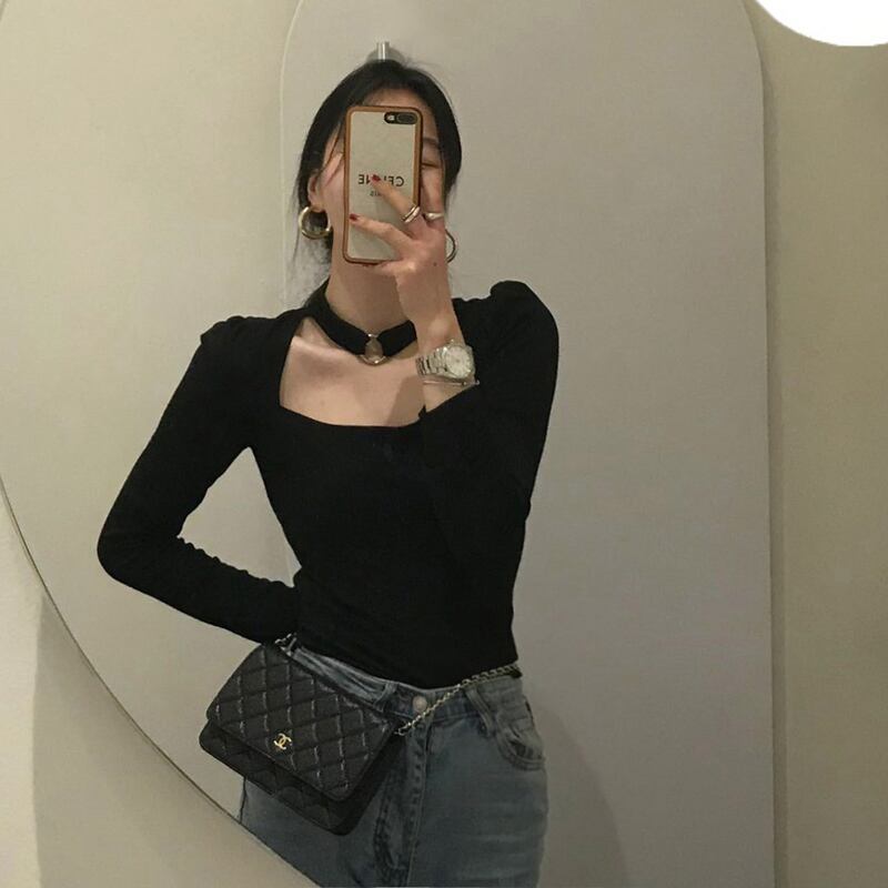 スプリングホルターレッドトップス スリムスタイルシャツ 長袖スリーブTシャツ レディース ロング 春物 スクウェア ドラファッションホール32761725977