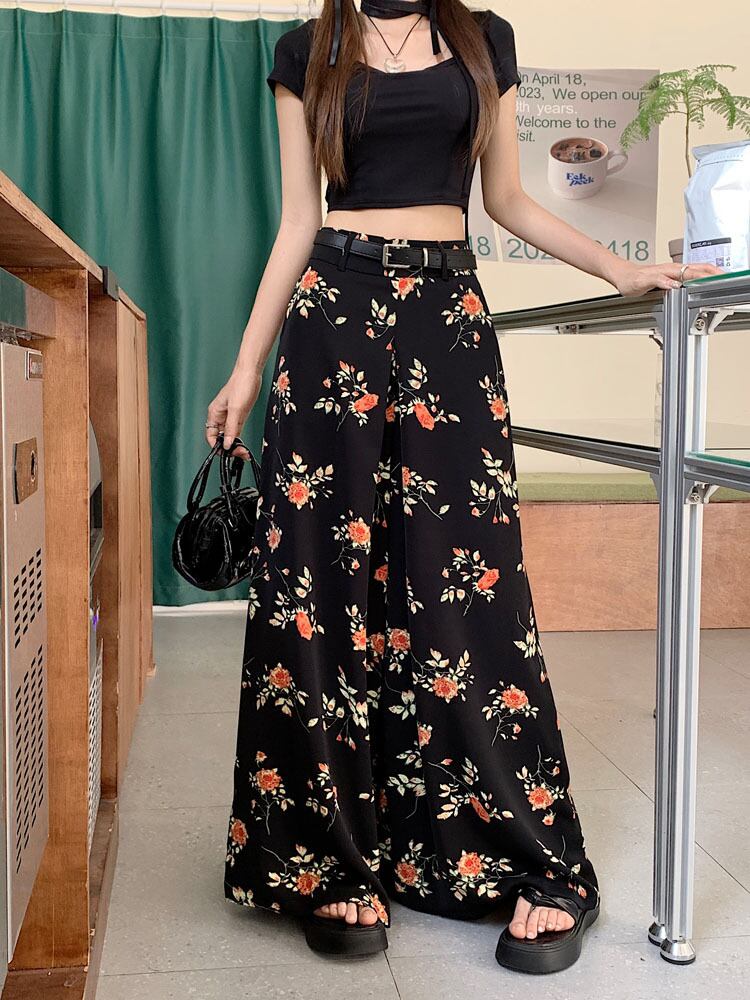 パンツ ズボン ガウチョパンツ ロング丈 ワイド ベルト ポリエステル