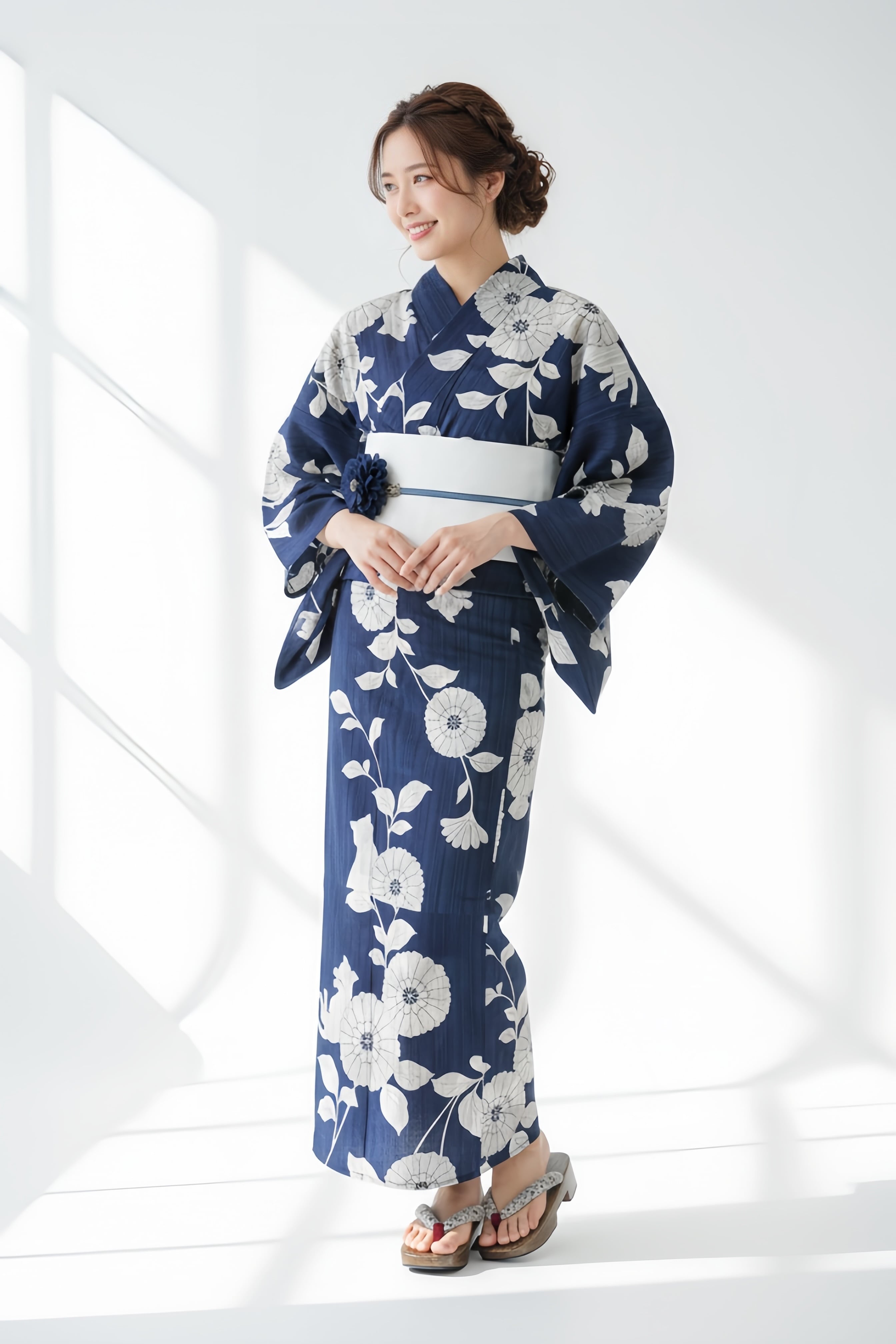 浴衣ジェンヌ 浴衣5点セット 綿 ゆかた 半幅帯 浴衣 紺 ネイビー 猫 菊 マム レトロ レトロモダン