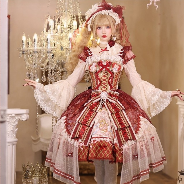 プリンセスロリィタ ジャンパースカート （レッド/ブラック/ピンク）ゴシック＆クラシカル｜イベント衣装・コンカフェ制服