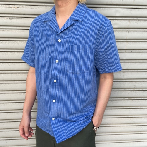 BANANA REPUBLIC ブルーストライプオープンカラーシャツ リネン