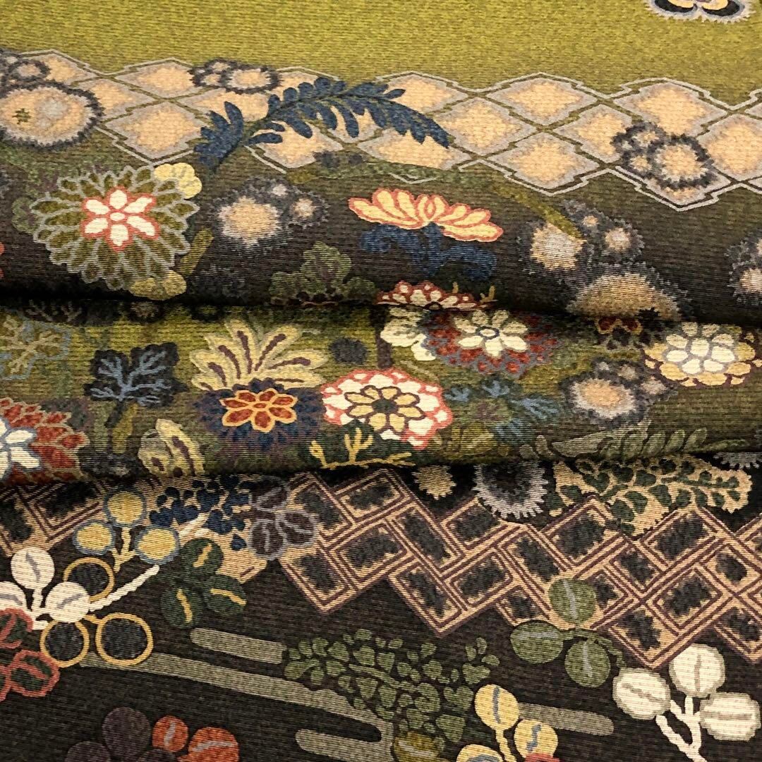 K-3009 訪問着 美しい総柄花模様 縮緬 利休茶色 トールサイズ