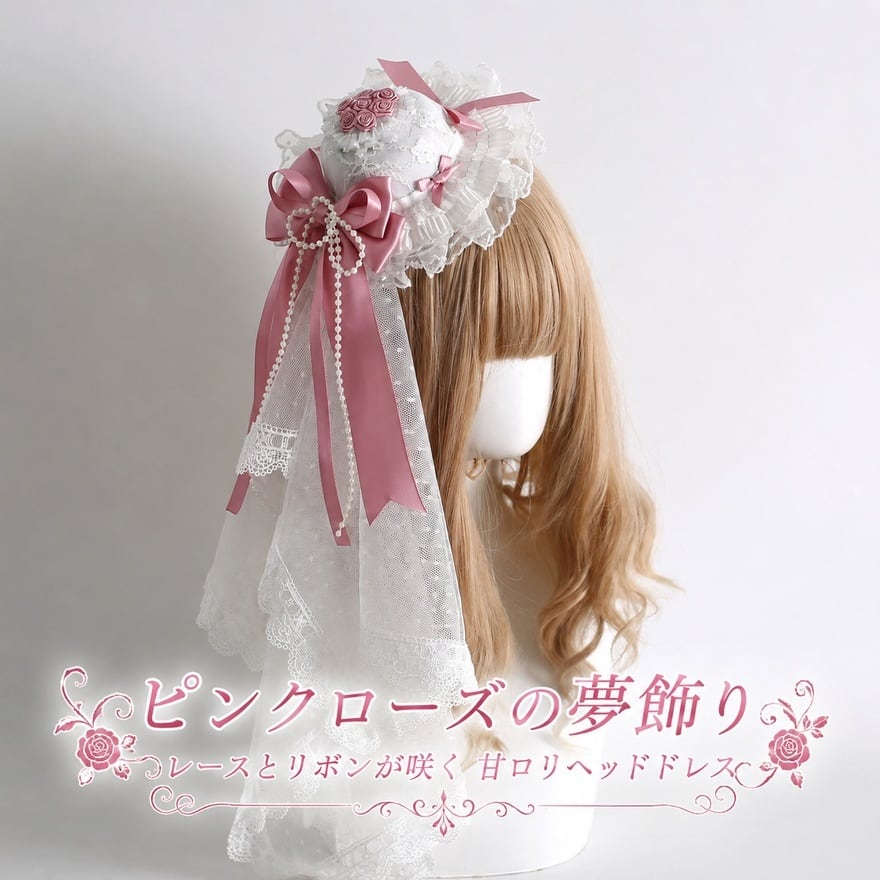 薔薇姫の夢ヴェール パールリボンとレースが揺れる甘ロリミニハット