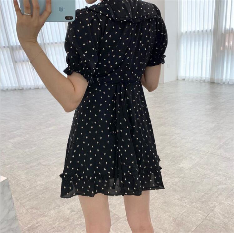 Vネック パフスリーブ ワンピース 韓国 婦人服 サマースタイル sweet系 短いスタイル 小さい新鮮な