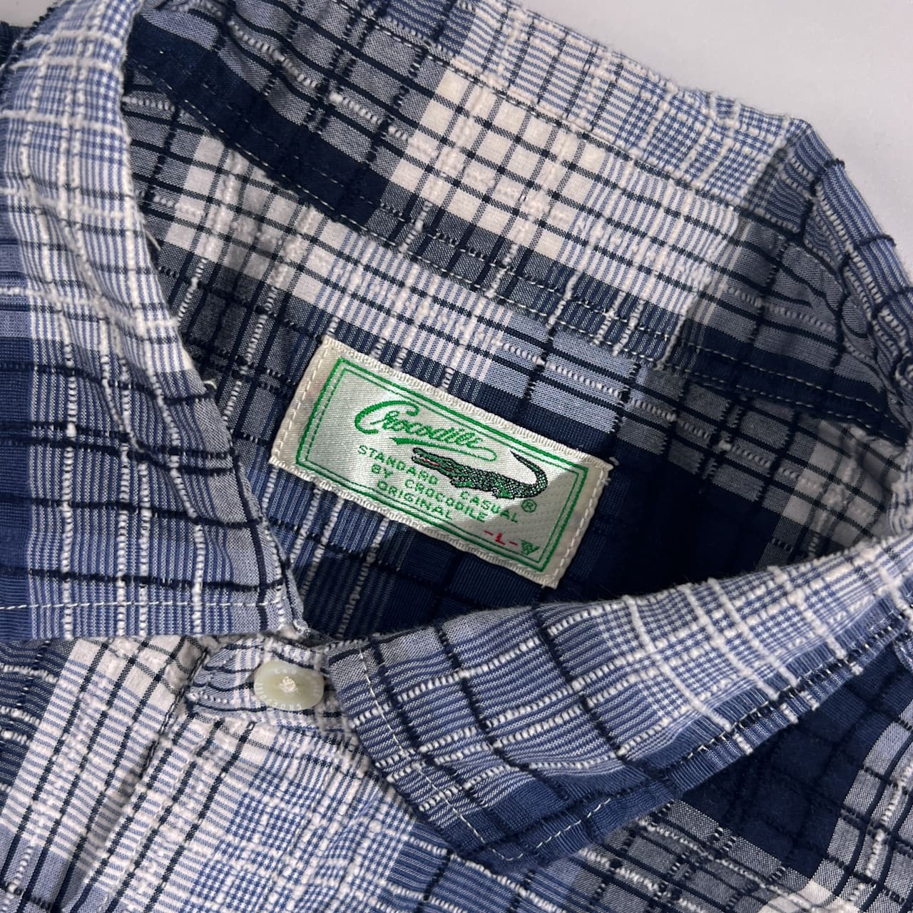 Crocodile クロコダイル 凸凹 チェック デザイン 長袖シャツ サイズ L /ネイビー×ホワイト系 メンズ