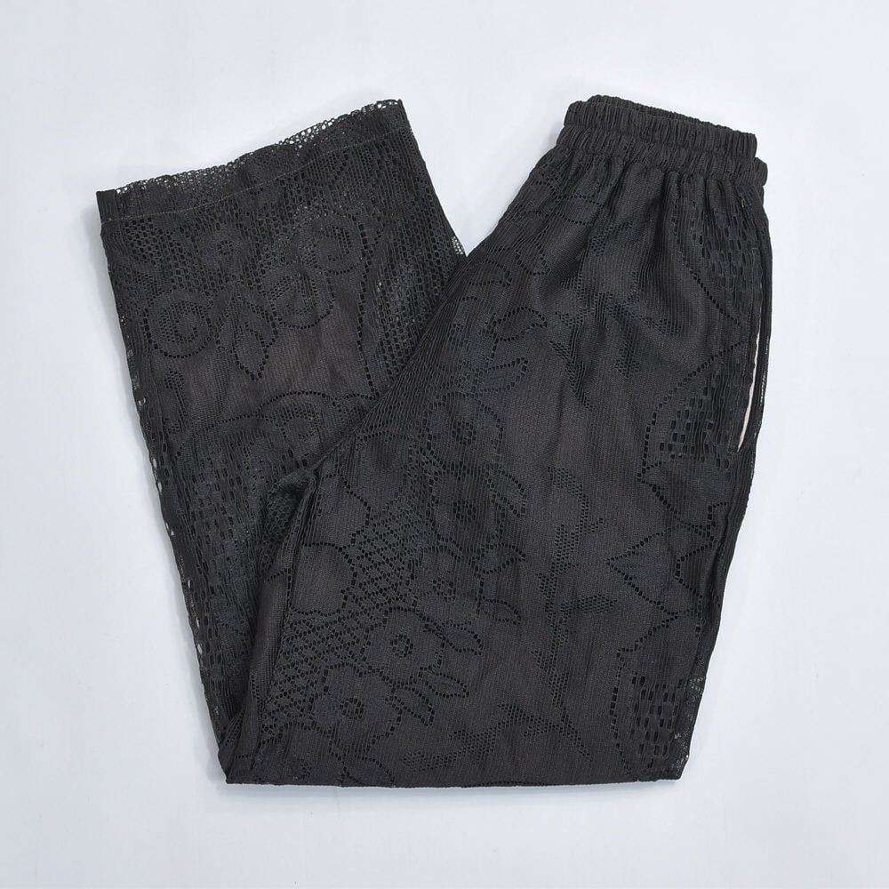 Remakeリメイク 後染めブラック フローラルデザイン ラッセルレース ルーズシルエット イージーパンツ ムラ染め注意 裏地付き ユニセックスデザイン W60~96cm