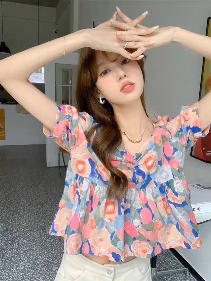 Vネック 花柄ペプラムトップス G104CT0125