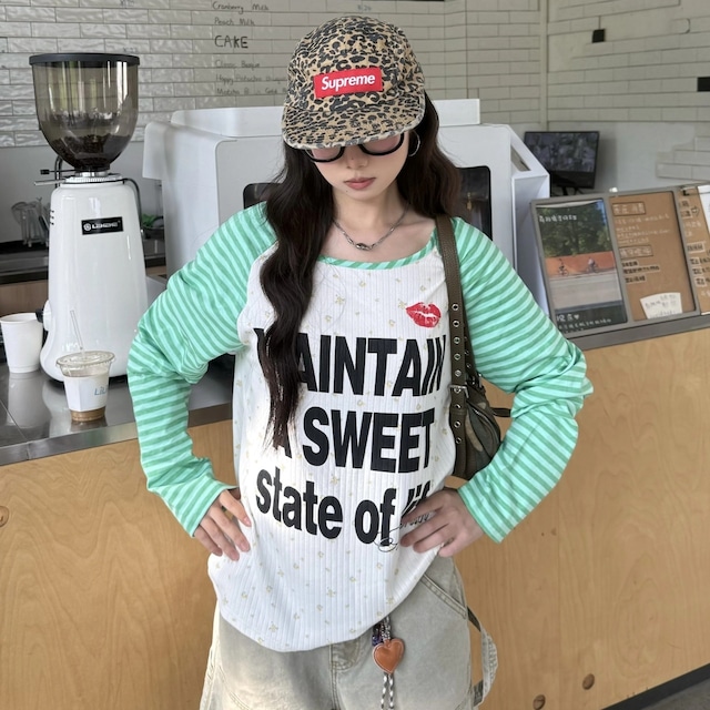 ボーダーラグランリッププリントロングスリーブTシャツ 2col R02471