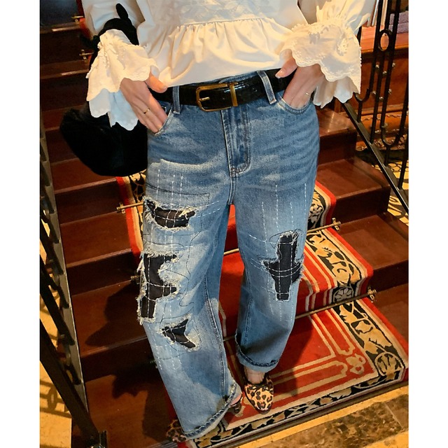 ダメージパッチワークデザインデニムパンツ［S-L］