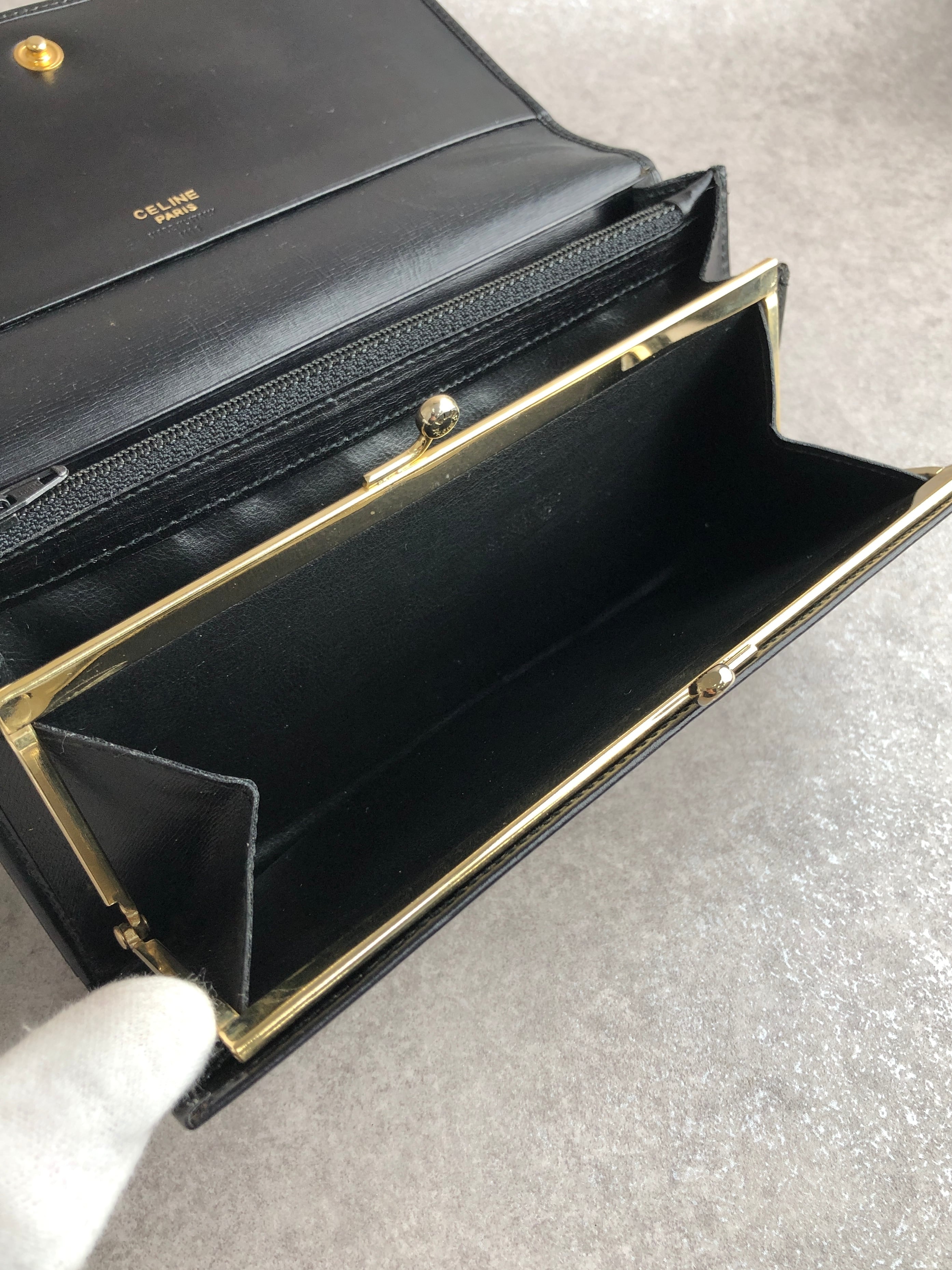 CELINE セリーヌ 財布 ブラック ロゴプレート レザー 長財布 vintage