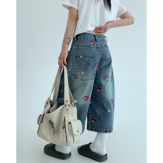 heart paw design cropped denim　ハート肉球デザインクロップドデニム　J1057