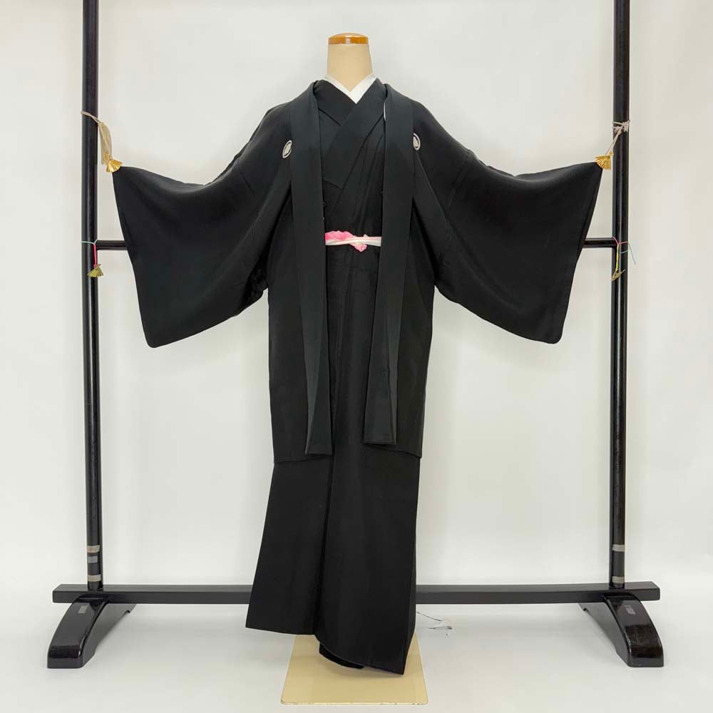 男紋付 男着物 黒紋付 正絹 羽織 長着 裄67.5cm SS size 黒 五つ紋