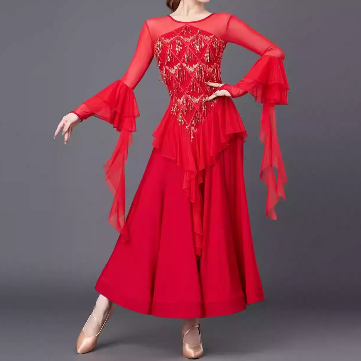 ロングスリーブ フリル フレアマキシスカート ドレス ds1060