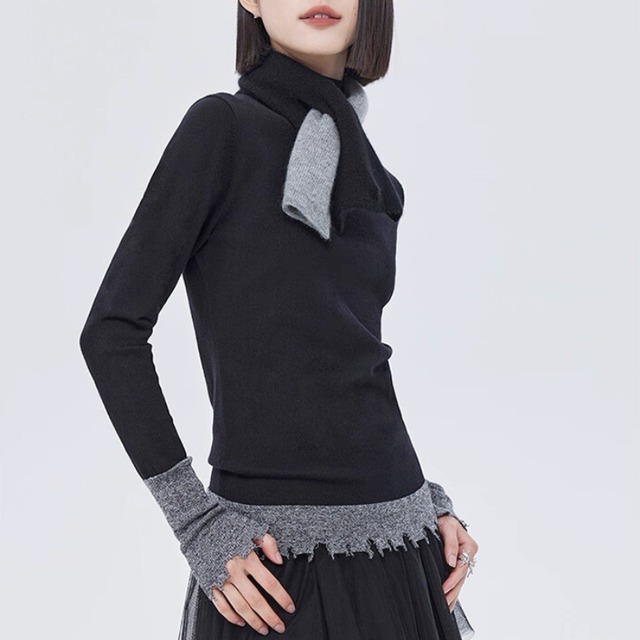 Contrast cuff hem knit top C1414