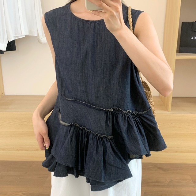 Irregular patchwork denim summer tops