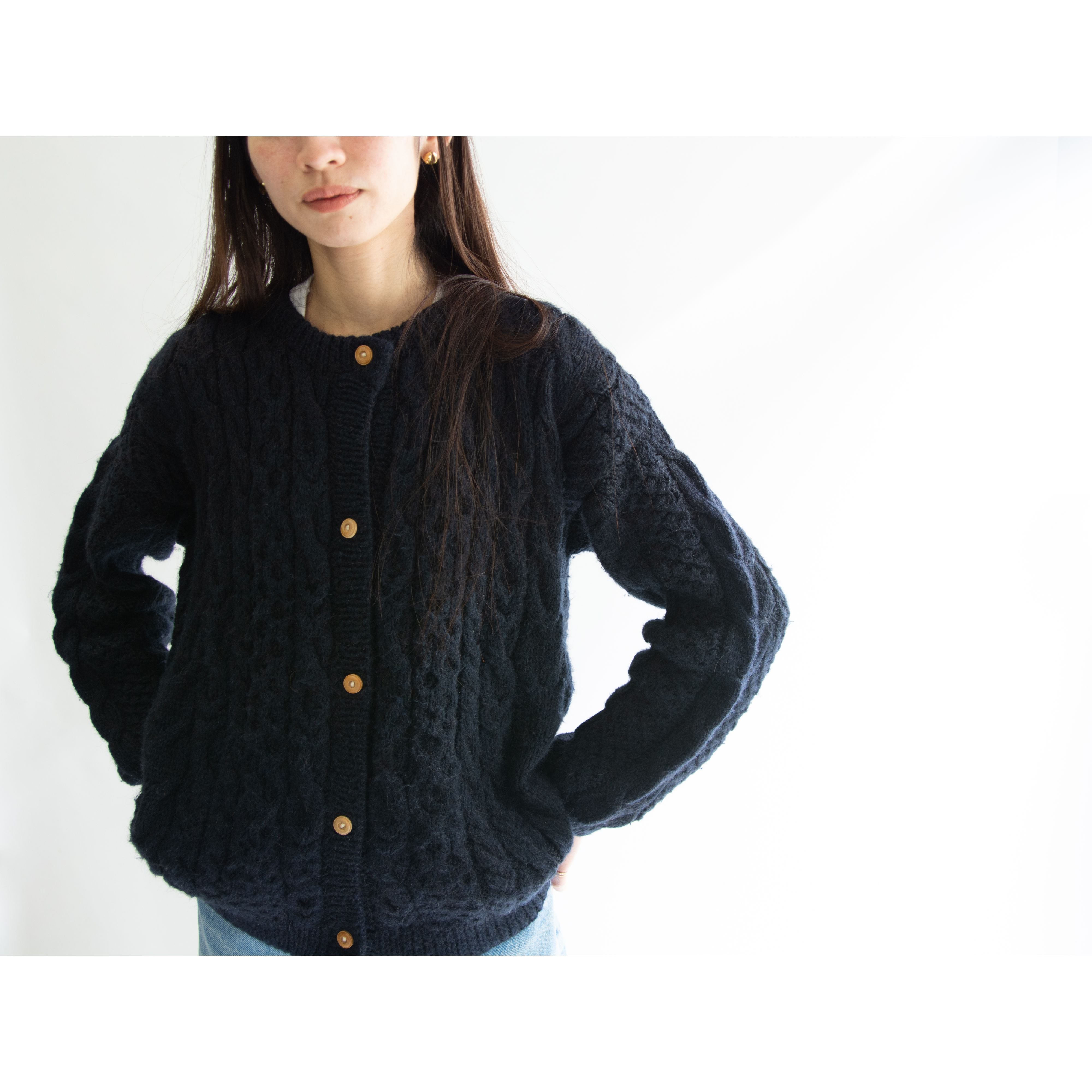 【Made in Peru】100% Alpaca cable knit cardigan（ペルー製 アルパカ ケーブルニットカーディガン クルーネックセーター）11d