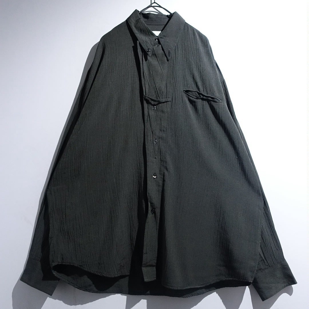 90s Dark Green Asymmetrical Design Wrinkle-Processed Drape Shirt