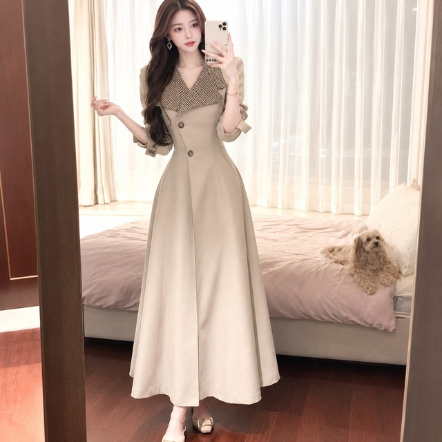 Double Button High Neck Long Coat V3866