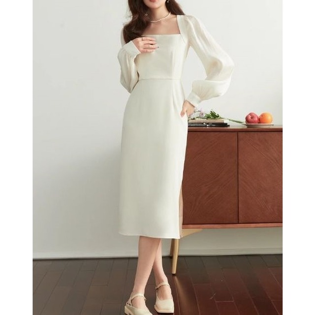 French Style V-Neck Side Slit Dress　　V374