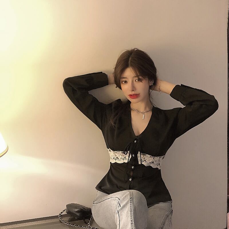 センスレースレースファイトレシーブウエストニッチ長袖黒シャツトップス2020秋新作シャツ女性 ブラックストロベリース4707928772