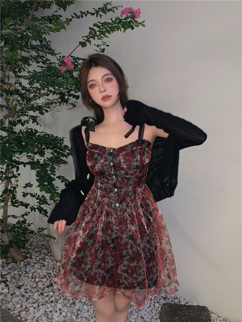 フローラルドレス リボンスカート サマー 夏物 花柄 ピュア ブラックストロベリース71206438497